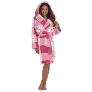 PINK CHECK HOODED SHERPA FLUFFY GOWN
