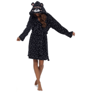 POLKADOT SLEEPY PANDA APPLIQUE BLACK HOODED DRESSING GOWN