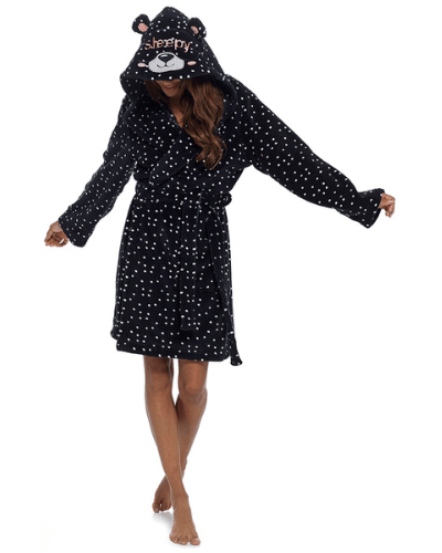 POLKADOT SLEEPY PANDA APPLIQUE BLACK HOODED DRESSING GOWN
