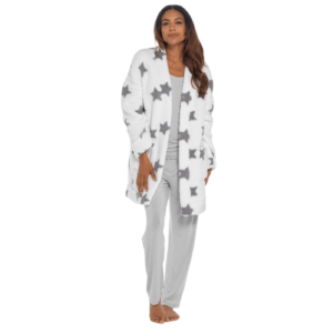 WHITE AND GREY STAR PATTEN SHERPA FLEECE CARDIGAN DRESSING GOWN