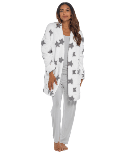 WHITE AND GREY STAR PATTEN SHERPA FLEECE CARDIGAN