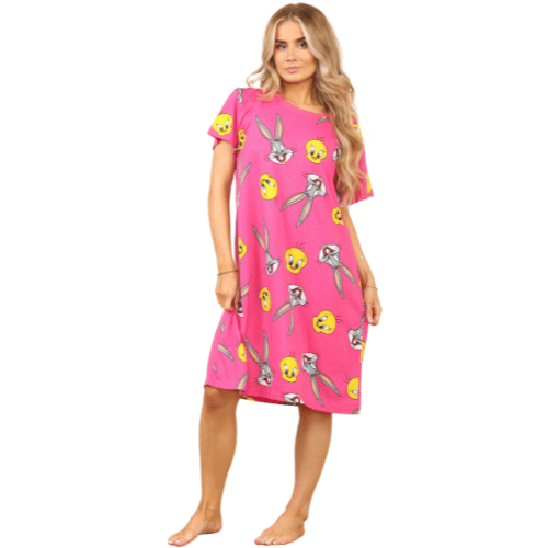 A woman wearing a fuchsia Tweetie pie and Bugs Bunny nightdress