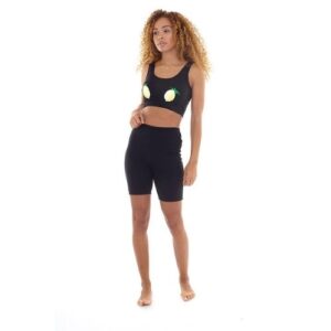 Model wearing lemon print cycling shorts pyjama set for women