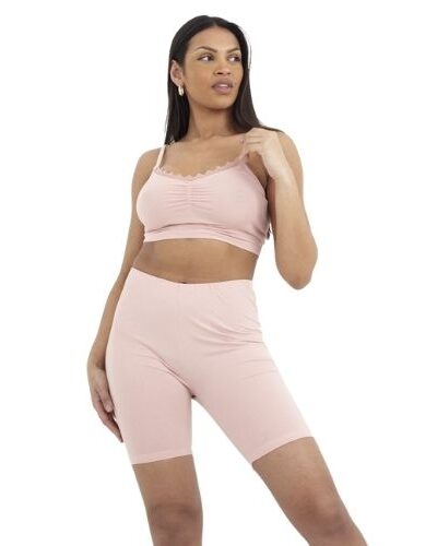 Model wearing pink cycling shorts pyjamas set for women